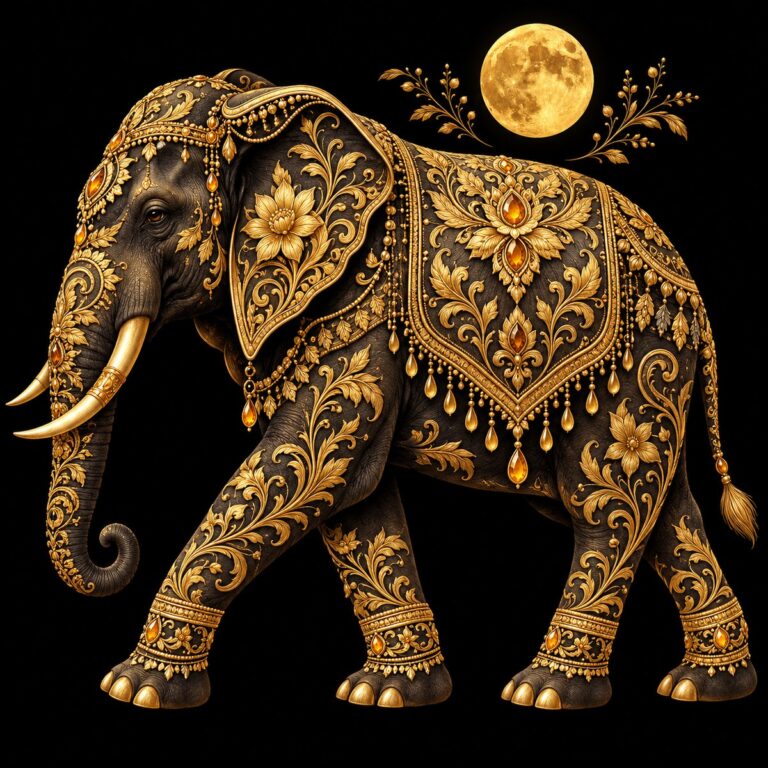 Diamond painting ontwerp: olifant van opzij met gouden sierkleed, ranken en amberkleurige edelsteentjes, met een gouden volle maan
