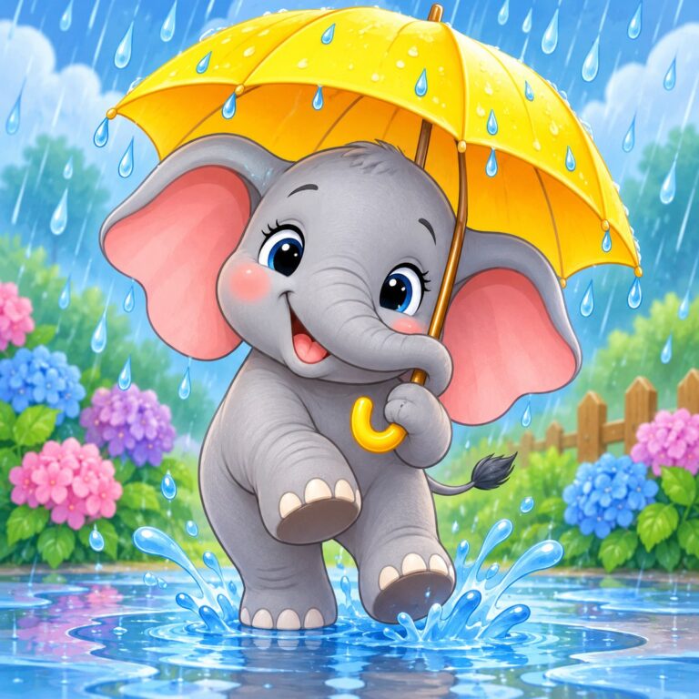 Diamond painting ontwerp: grijs babyolifantje met grote roze oren onder een gele paraplu in de regen, met plassen en hortensia's