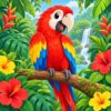 Diamond painting ontwerp: rode ara met blauwe en gele vleugels op een tak in de jungle met tropische bloemen en een waterval