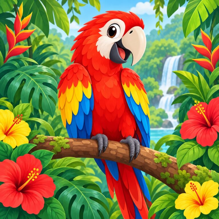 Diamond painting ontwerp: rode ara met blauwe en gele vleugels op een tak in de jungle met tropische bloemen en een waterval