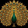 Diamond painting ontwerp: pauw van voren met een opengevouwen gouden staart vol blauwe en groene oogvlekken, smaragdgroen lijf op zwart