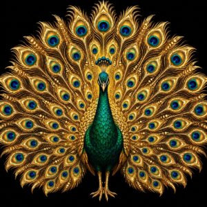 Diamond painting ontwerp: pauw van voren met een opengevouwen gouden staart vol blauwe en groene oogvlekken, smaragdgroen lijf op zwart