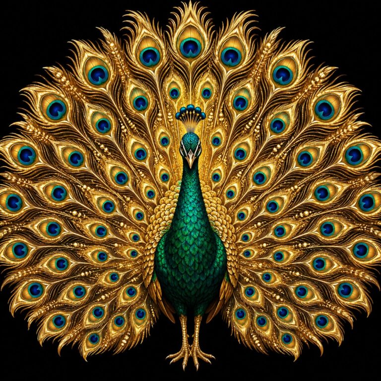 Diamond painting ontwerp: pauw van voren met een opengevouwen gouden staart vol blauwe en groene oogvlekken, smaragdgroen lijf op zwart