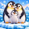 Diamond painting ontwerp: pinguïnfamilie van twee volwassenen en een grijs kuiken op een ijsschots met sneeuwvlokken