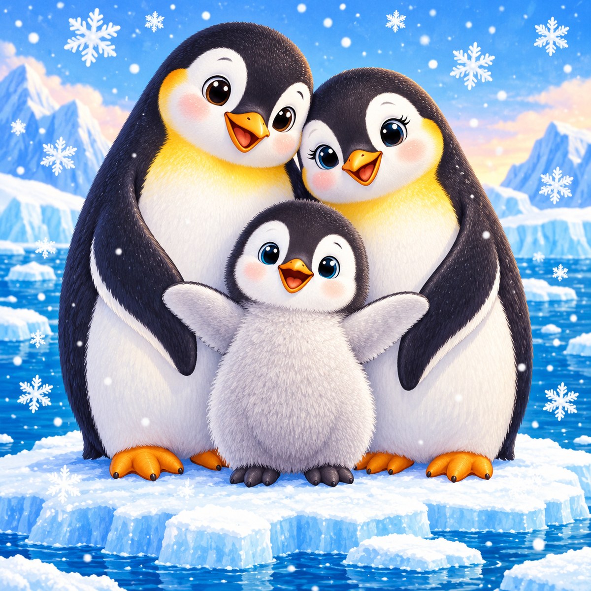 Diamond painting ontwerp: pinguïnfamilie van twee volwassenen en een grijs kuiken op een ijsschots met sneeuwvlokken