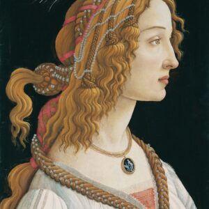Portret van een jonge vrouw van Sandro Botticelli: een vrouw in profiel met lang goudblond gevlochten haar en parels, tegen een donkere achtergrond