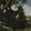 Portret van een stel in een landschap van Frans Hals: een lachende man en een vrouw met een witte plooikraag zitten bij een boom in een tuin