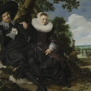 Portret van een stel in een landschap van Frans Hals: een lachende man en een vrouw met een witte plooikraag zitten bij een boom in een tuin