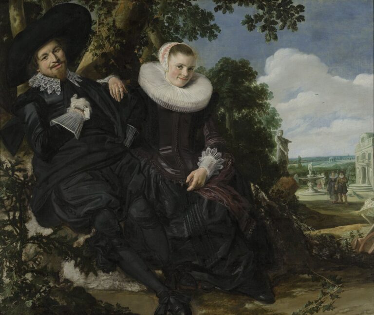 Portret van een stel in een landschap van Frans Hals: een lachende man en een vrouw met een witte plooikraag zitten bij een boom in een tuin