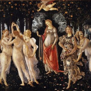 Primavera van Sandro Botticelli: Venus in een sinaasappelboomgaard met de drie gratiën, Mercurius, Flora en Zephyrus, en Cupido erboven