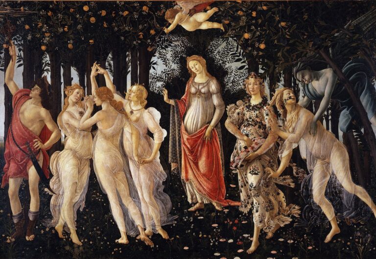 Primavera van Sandro Botticelli: Venus in een sinaasappelboomgaard met de drie gratiën, Mercurius, Flora en Zephyrus, en Cupido erboven
