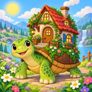 Diamond painting ontwerp: groene schildpad met een sprookjeshuisje met rood dak en schoorsteen op zijn schild, in een bloemrijk landschap