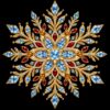 Diamond painting ontwerp: grote symmetrische sneeuwvlok-mandala in goud en ijsblauw met dieprode accenten op zwart