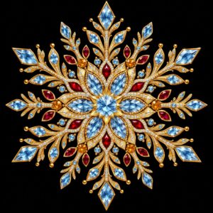 Diamond painting ontwerp: grote symmetrische sneeuwvlok-mandala in goud en ijsblauw met dieprode accenten op zwart