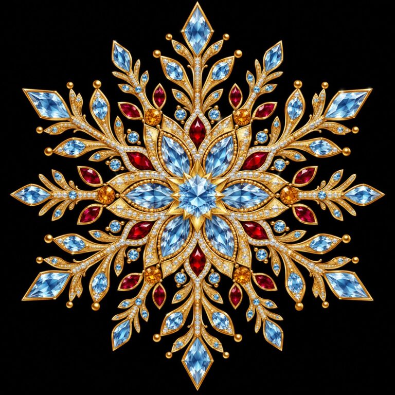 Diamond painting ontwerp: grote symmetrische sneeuwvlok-mandala in goud en ijsblauw met dieprode accenten op zwart