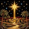 Diamond painting ontwerp: grote gouden ster met een lichtstraal boven een klein woestijndorp met palmen, onder een sterrenhemel