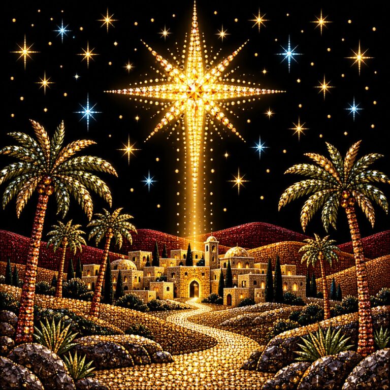 Diamond painting ontwerp: grote gouden ster met een lichtstraal boven een klein woestijndorp met palmen, onder een sterrenhemel