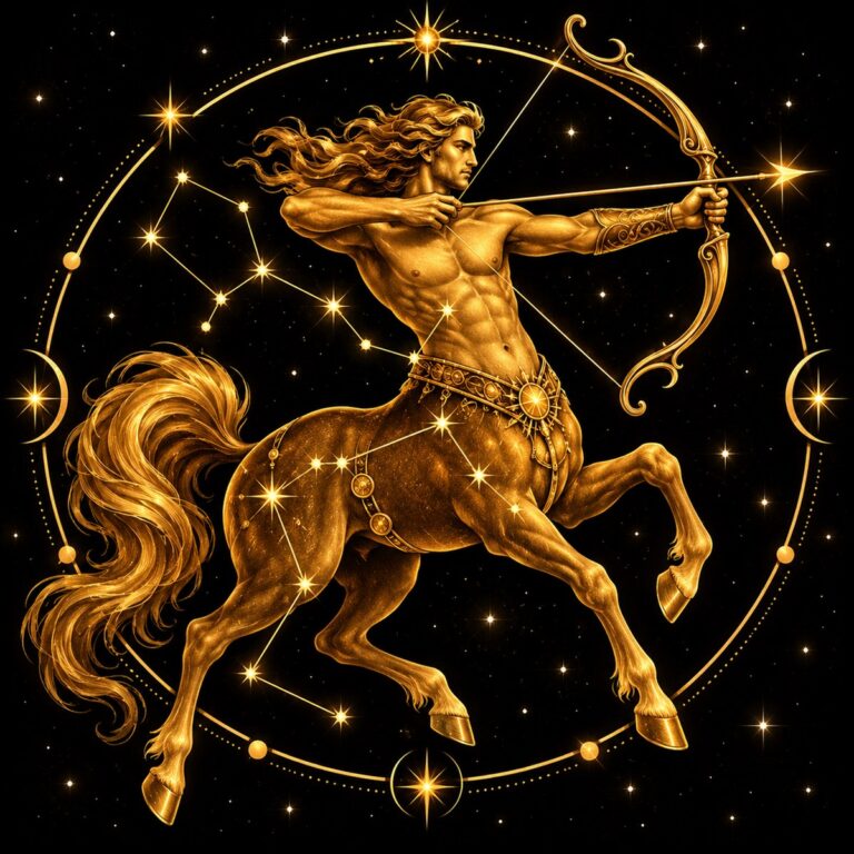 Diamond painting ontwerp: sterrenbeeld Boogschutter, een gouden centaur die een boog spant, half mens, half paard, in goud op zwart met sterrenlijnen
