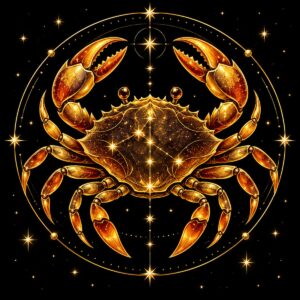 Diamond painting ontwerp: sterrenbeeld Kreeft, een gouden krab met amberkleurige scharen waar de sterrenlijnen dwars doorheen lopen, in goud op zwart met sterrenlijnen
