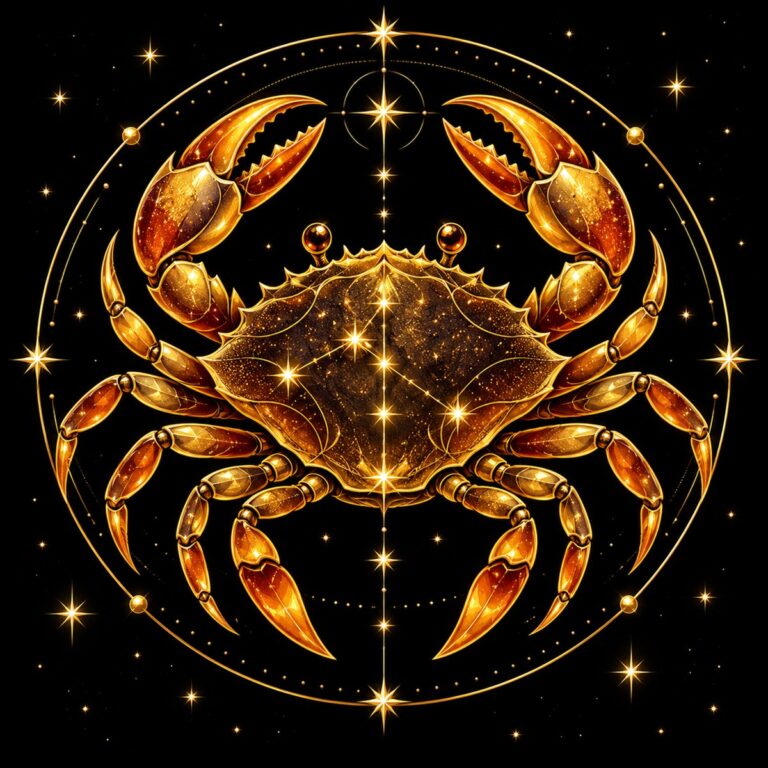 Diamond painting ontwerp: sterrenbeeld Kreeft, een gouden krab met amberkleurige scharen waar de sterrenlijnen dwars doorheen lopen, in goud op zwart met sterrenlijnen