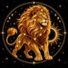 Diamond painting ontwerp: sterrenbeeld Leeuw, een gouden leeuw van opzij met volle manen, met een zon en maanfasen om hem heen, in goud op zwart met sterrenlijnen