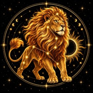 Diamond painting ontwerp: sterrenbeeld Leeuw, een gouden leeuw van opzij met volle manen, met een zon en maanfasen om hem heen, in goud op zwart met sterrenlijnen