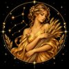 Diamond painting ontwerp: sterrenbeeld Maagd, een jonge vrouw met een krans in het haar die een bundel graan vasthoudt, in een gouden kleed, in goud op zwart met sterrenlijnen