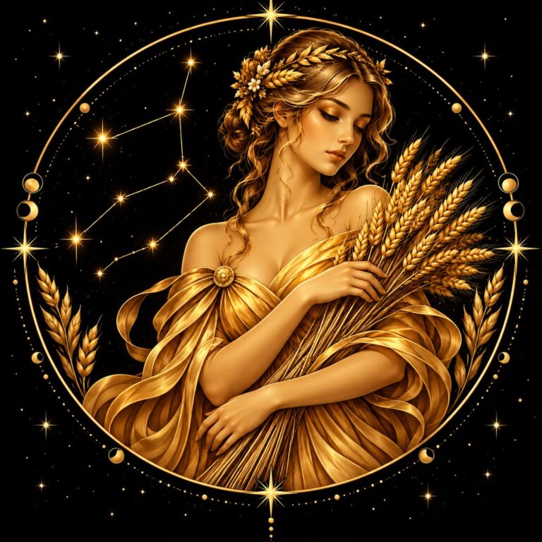 Diamond painting ontwerp: sterrenbeeld Maagd, een jonge vrouw met een krans in het haar die een bundel graan vasthoudt, in een gouden kleed, in goud op zwart met sterrenlijnen