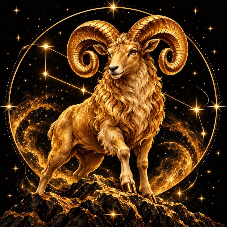 Diamond painting ontwerp: sterrenbeeld Ram, een gouden ram met grote gekrulde hoorns die op een rots staat, in goud op zwart met sterrenlijnen