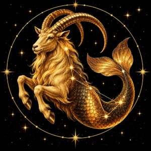 Diamond painting ontwerp: sterrenbeeld Steenbok, een zeegeit: voor een geit met grote hoorns, achter een gekrulde vissenstaart met gouden schubben, in goud op zwart met sterrenlijnen