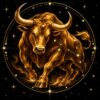 Diamond painting ontwerp: sterrenbeeld Stier, een krachtige gouden stier die met zijn kop omlaag naar voren stormt, in goud op zwart met sterrenlijnen