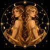 Diamond painting ontwerp: sterrenbeeld Tweelingen, twee vrouwen met lang golvend haar die rug aan rug staan, in gouden gewaden onder een maansikkel, in goud op zwart met sterrenlijnen