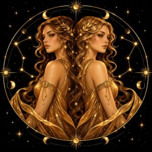 Diamond painting ontwerp: sterrenbeeld Tweelingen, twee vrouwen met lang golvend haar die rug aan rug staan, in gouden gewaden onder een maansikkel, in goud op zwart met sterrenlijnen