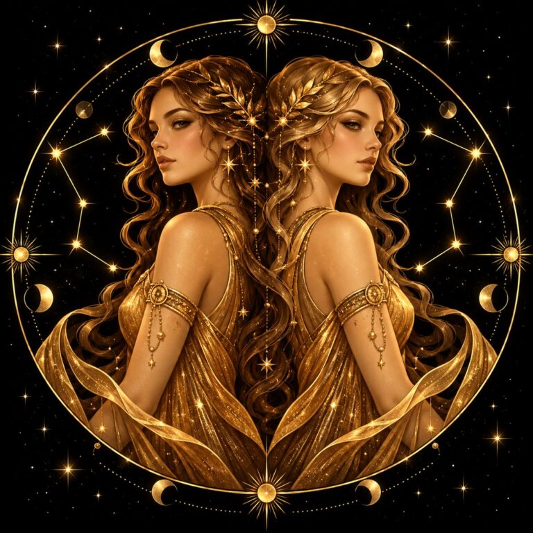 Diamond painting ontwerp: sterrenbeeld Tweelingen, twee vrouwen met lang golvend haar die rug aan rug staan, in gouden gewaden onder een maansikkel, in goud op zwart met sterrenlijnen
