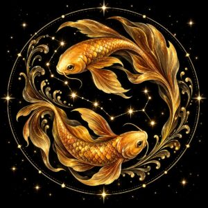 Diamond painting ontwerp: sterrenbeeld Vissen, twee gouden vissen die in een cirkel om elkaar heen zwemmen, in goud op zwart met sterrenlijnen