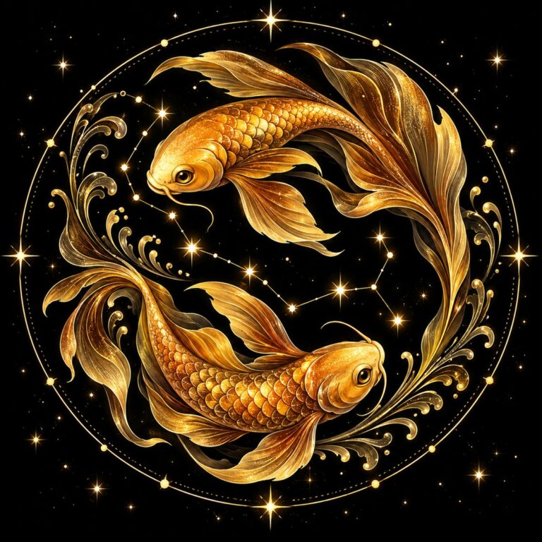 Diamond painting ontwerp: sterrenbeeld Vissen, twee gouden vissen die in een cirkel om elkaar heen zwemmen, in goud op zwart met sterrenlijnen