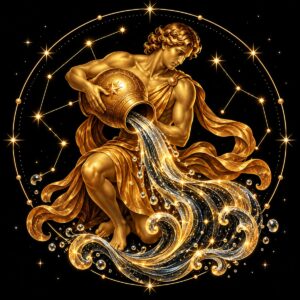 Diamond painting ontwerp: sterrenbeeld Waterman, een man die water uit een kruik giet, met het water in zilver en ijsblauw, in goud op zwart met sterrenlijnen