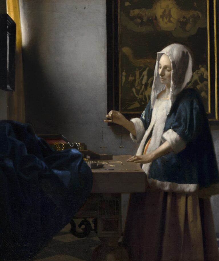 Vrouw met weegschaal van Johannes Vermeer: een vrouw in een blauwe jak met bontrand houdt een kleine weegschaal vast, met parels op tafel