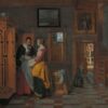 Binnenhuis met vrouwen bij een linnenkast van Pieter de Hooch: twee vrouwen ruimen gevouwen linnen in een grote kast op, met doorkijk naar de straat