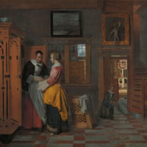 Binnenhuis met vrouwen bij een linnenkast van Pieter de Hooch: twee vrouwen ruimen gevouwen linnen in een grote kast op, met doorkijk naar de straat