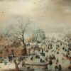 Winterlandschap met schaatsers van Hendrick Avercamp: een bevroren rivier vol schaatsers en sleeën naast een dorp met kale bomen