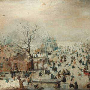 Winterlandschap met schaatsers van Hendrick Avercamp: een bevroren rivier vol schaatsers en sleeën naast een dorp met kale bomen