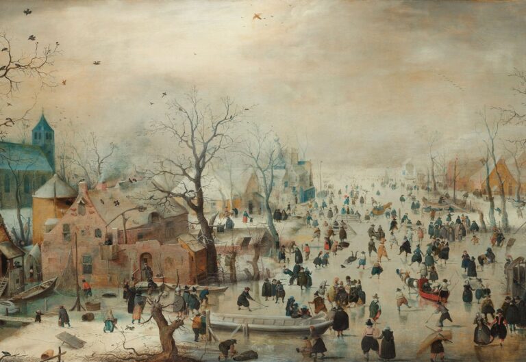 Winterlandschap met schaatsers van Hendrick Avercamp: een bevroren rivier vol schaatsers en sleeën naast een dorp met kale bomen