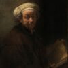 Zelfportret als de apostel Paulus van Rembrandt: Rembrandt met een witte tulband en een bundel papier tegen een donkere achtergrond