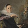 Zelfportret van Judith Leyster: de schilderes in zwarte jurk met witte kraag zit aan haar ezel en kijkt lachend om