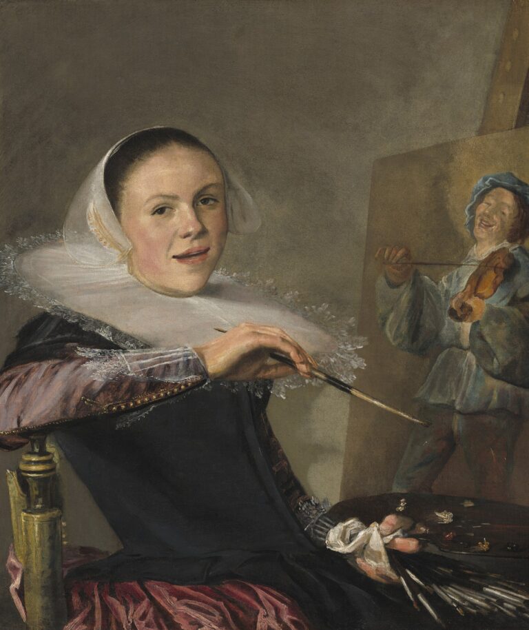 Zelfportret van Judith Leyster: de schilderes in zwarte jurk met witte kraag zit aan haar ezel en kijkt lachend om
