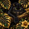 Diamond painting ontwerp: zwarte panter op een tak tussen gouden monsterabladeren met groene edelsteenmotieven en gouden hibiscusbloemen
