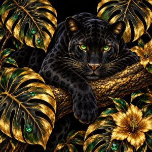 Diamond painting ontwerp: zwarte panter op een tak tussen gouden monsterabladeren met groene edelsteenmotieven en gouden hibiscusbloemen