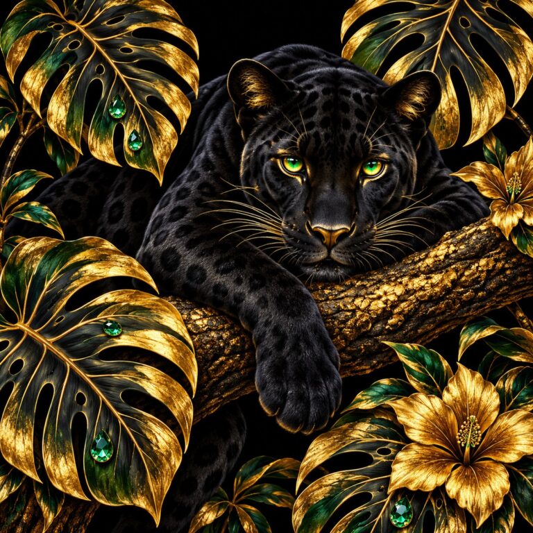 Diamond painting ontwerp: zwarte panter op een tak tussen gouden monsterabladeren met groene edelsteenmotieven en gouden hibiscusbloemen