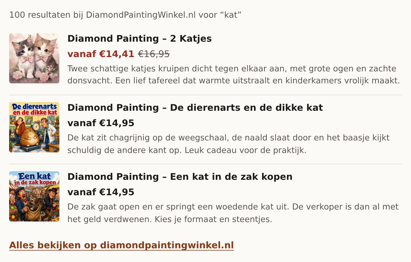 Productlijst met drie diamond paintings van katten, elk met foto, vanafprijs en korte omschrijving